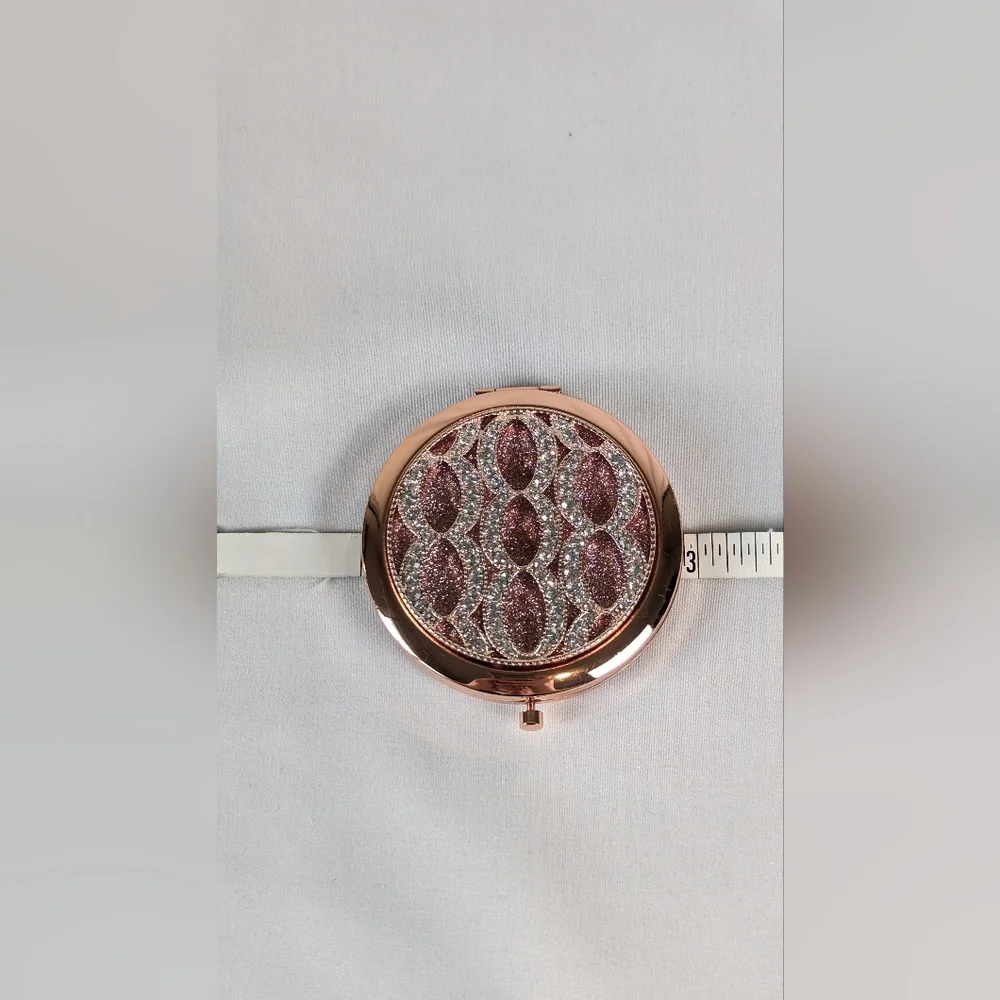 Compact Mirror Designer Inspired Cosmetic Faux Rose Gold Rhinestone Sparkle NWOT